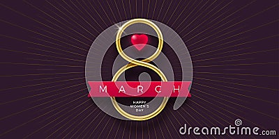 8 March International women`s day greeting card - Golden number eight, ruby heart and ribbon on dark background. Vector Illustration